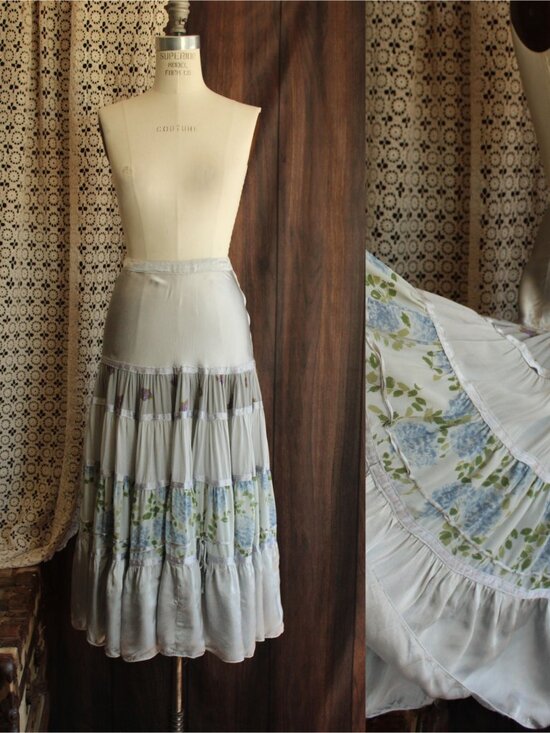 Vintage Dresses & Skirts - Vintage 1960s 1970s Skirt, Tea Length Silver Silk and Floral Print with Tiered R